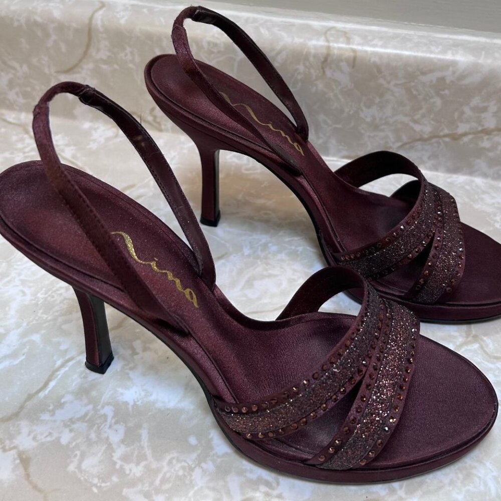Nina brand high-heeled sandal, Bronze/Brownish, Size 8, sparkly toe straps
